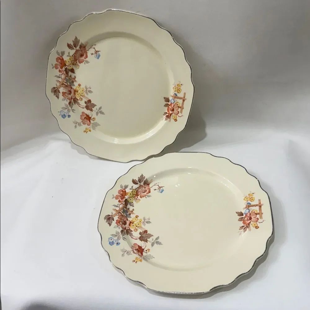 Lido WS George Canarytone Vintage Floral 9 1/2 Inch Dinner Plates Set 2 Made USA